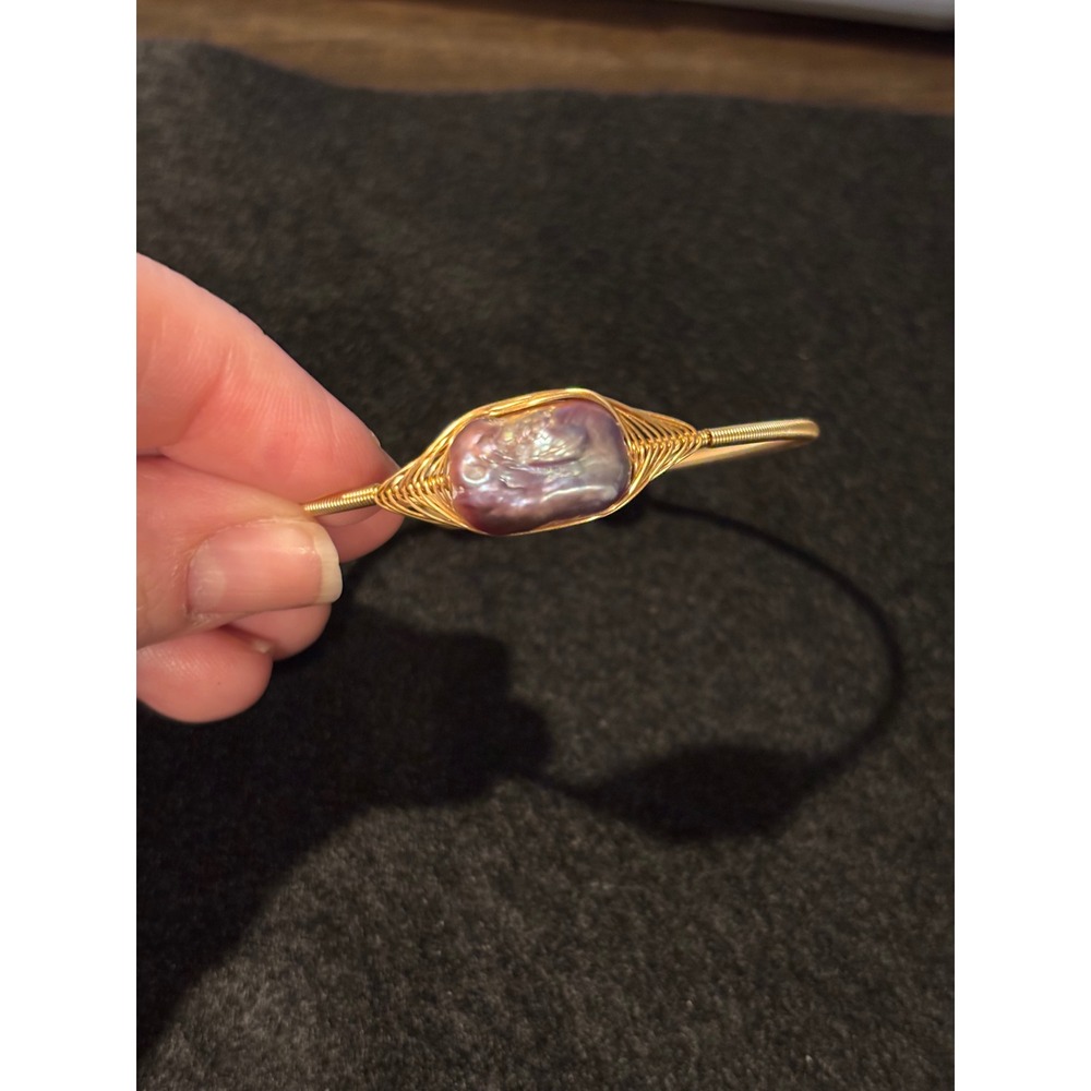Gold Wire Wrapped Baroque Pearl Cuff Bracelet Iridescent Purple Pearl Jewelry